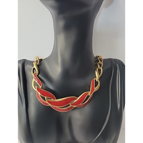 Napier Jewelry - Vintage Napier Gold Tone Red Enamel Chunky Link Statement Necklace Jewelry